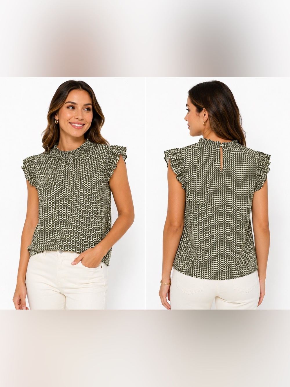 Adrianna Papell Gray Geometric Print Ruffle Sleeve Blouse Size S